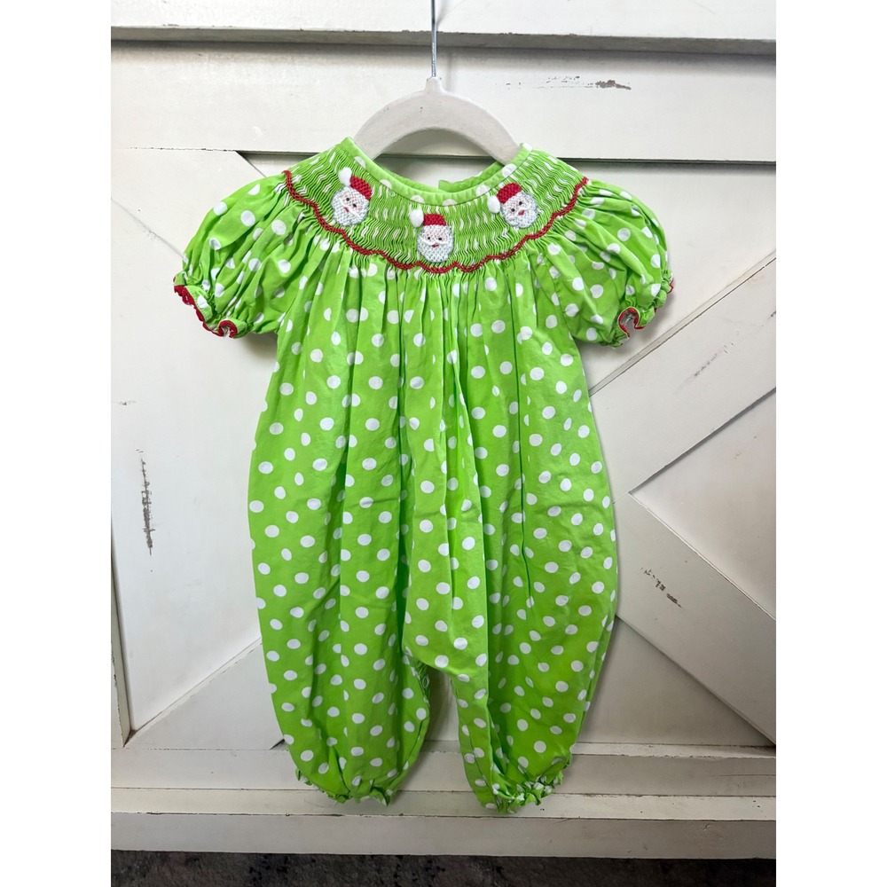 Smock Monkey Baby Girls Green White‎ Polka Dot Santa Smocked Bubble Romper 3M